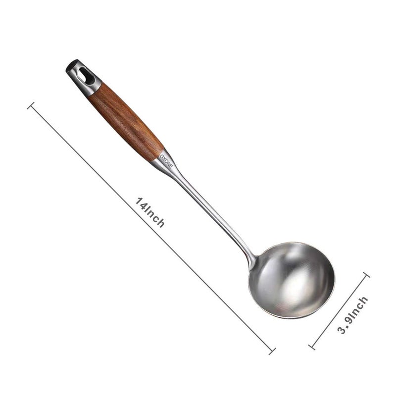 GXONE Soup Ladle 304 Stainless Steel Cooking Ladle Spoon Wok Tools with Long Wooden Handle Heat Resistant Silver/14.6Inch - Image 2